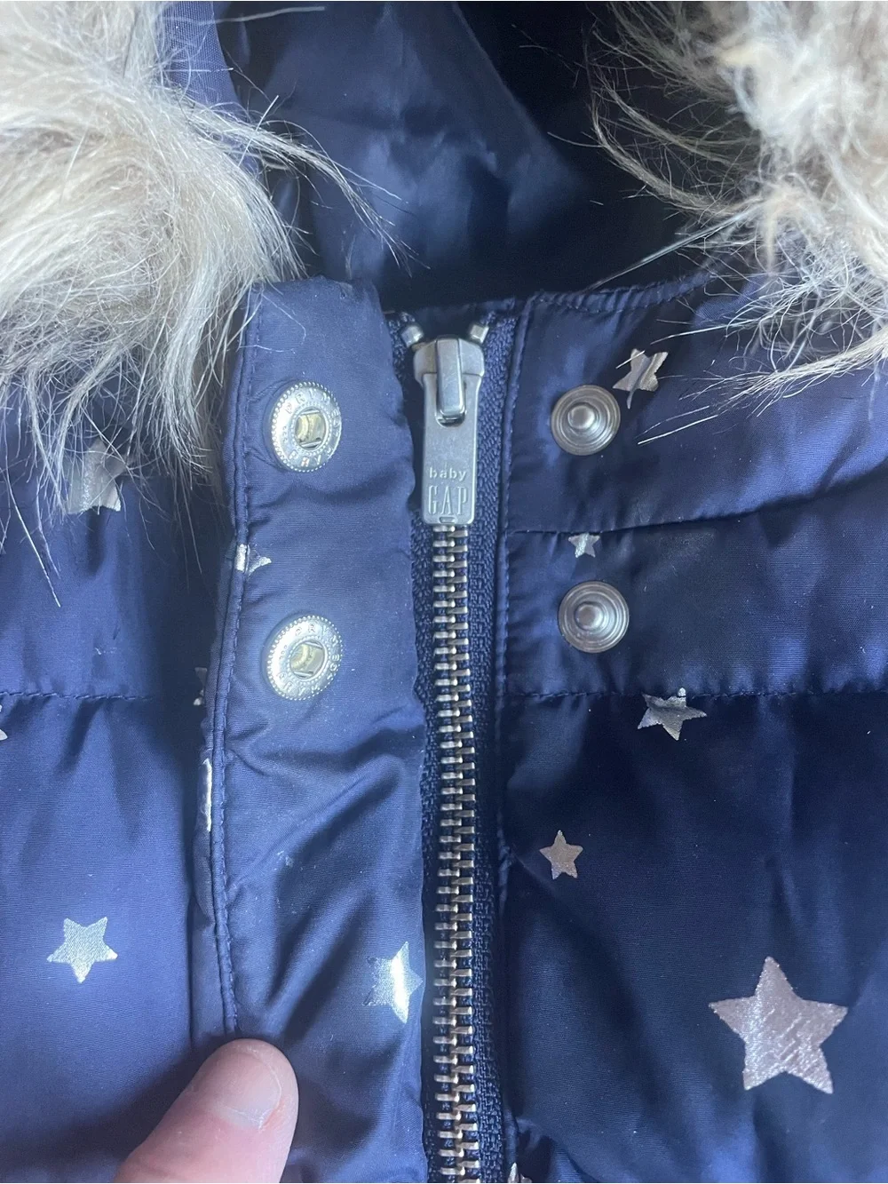 GAP Navy Puffer Coat with Gold Star Print and Faux Fur Hood